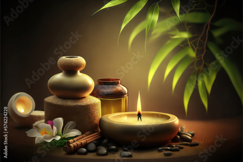 Tranquil Zen Spa Experience: Banner Relaxation Among Stacked Stones and Serene Scene. Beauty Salon Massage Atmosphere. Generative Ai