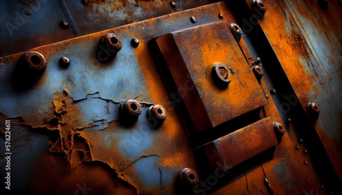 A metallic texture with rust and decay, creating an industrial and grungy feel. The rust is textured and detailed, with varying shades of orange and brown. The metal itself has a rough, aged look