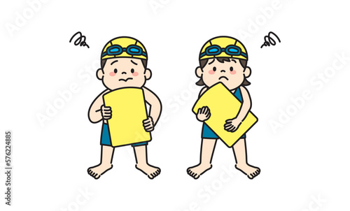 水泳に自信がない子どものイラスト　ビート板　水着
