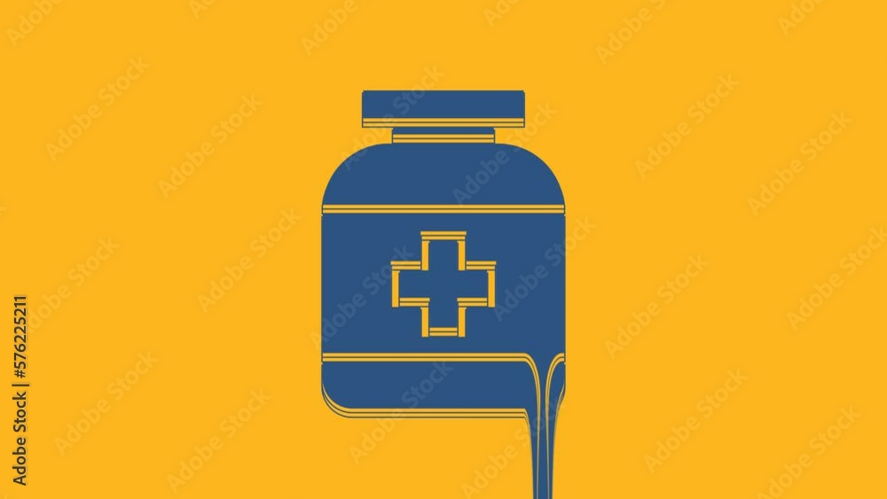 Blue Medicine bottle icon isolated on orange background. Bottle pill sign. Pharmacy design. 4K Video motion graphic animation Blue Medicine bottle icon isolated on orange background. Bottle pill sign. Pharmacy design. 4K Video motion graphic animation