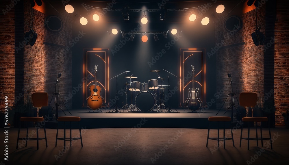 Generative AI of a concert stage with a drum set and chairs - obrazy, fototapety, plakaty 