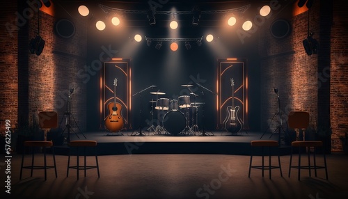 Fotografia Generative AI of a concert stage with a drum set and chairs