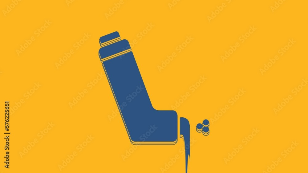 Blue Inhaler icon isolated on orange background. Breather for cough relief, inhalation, allergic patient. Medical allergy asthma inhaler spray. 4K Video motion graphic animation Blue Inhaler icon isolated on orange background. Breather for cough relief, inhalation, allergic patient. Medical allergy asthma inhaler spray. 4K Video motion graphic animation