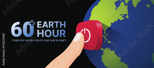 60 minutes plus, Earth hour - Finger touch red turn off button on world global and dark blue background vector design