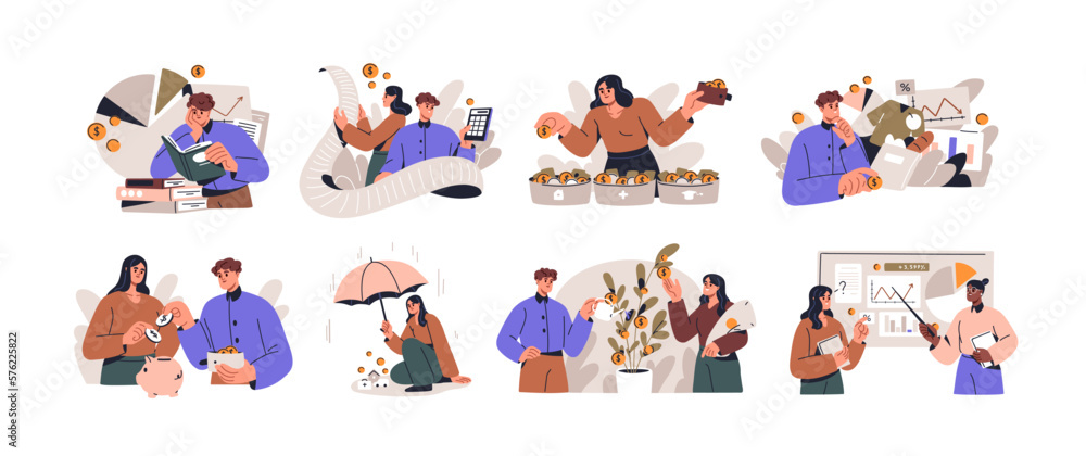 Financial literacy concept. People and money set. Personal finance management, education, saving, budgeting, investing, managing expense. Flat graphic vector illustrations isolated on white background - obrazy, fototapety, plakaty 