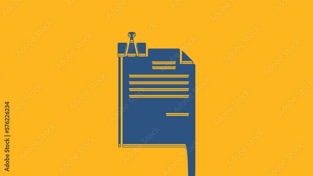 Blue File document and binder clip icon isolated on orange background. Checklist icon. Business concept. 4K Video motion graphic animation Blue File document and binder clip icon isolated on orange background. Checklist icon. Business concept. 4K Video motion graphic animation