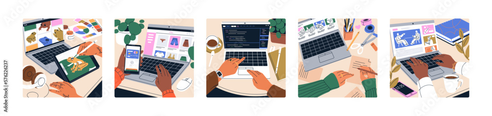 Hands work at laptop set. Using computer at desk, typing on keyboard ...