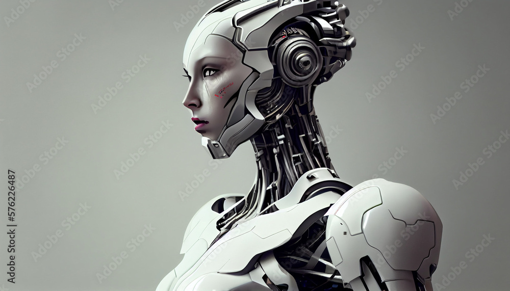 Androide humanoide robot femenino biónico , ilustración generada con IA - obrazy, fototapety, plakaty 