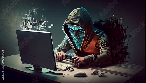Fotografiet Hacker informático robo de datos , virus troyano , suplantación de  identidad ,concepto de spam , phishing y maldad en la red y la manipulación informática y las criptodivisas , generada con IA
