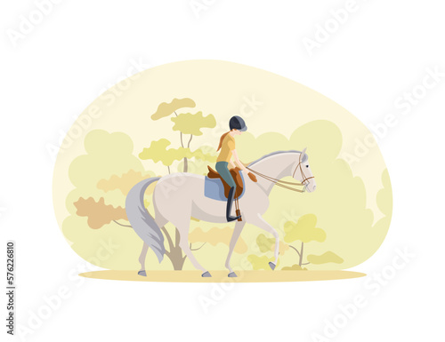 Girl on a gray horse rides in an autumn park