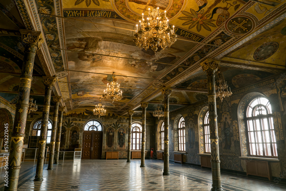  Gorgeously decorated frescoes on the walls in the interior of the Refectory Church in Pechersk Lavra in Kyiv