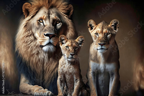 The Pride of Family: A Majestic Portrait of a Lion Family. Generative Ai © zzzz17