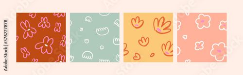 Abstract seamless patterns set. Doodle flowers, repeating prints. Childish simple floral backgrounds. Cute texture designs for textile, fabric, decoration, wrapping. Printable flat vector illustration