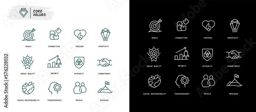 Business principles and core values icons set. Vector editable.