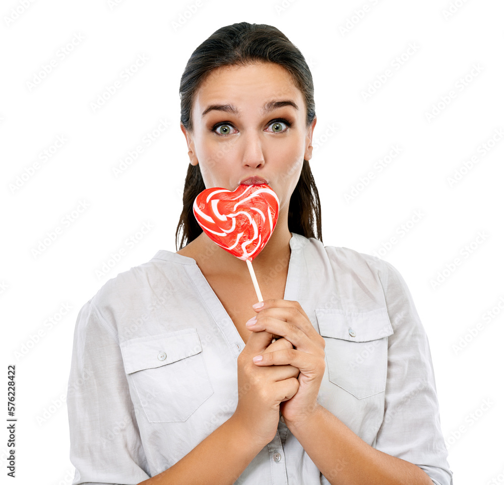 A young female model eating heart-shaped sweet candy and lollipop for a sweets craving, dessert, or sweet tooth isolated on a png background.