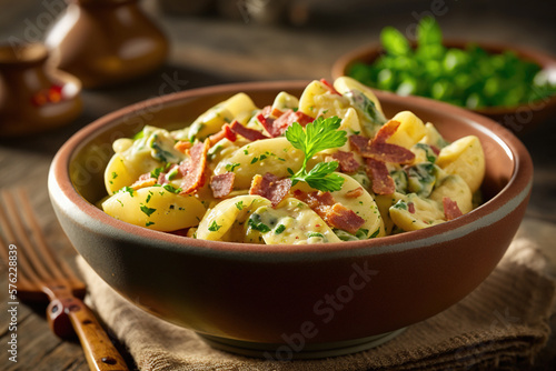 Warm potato salad with becon. Generative AI photo