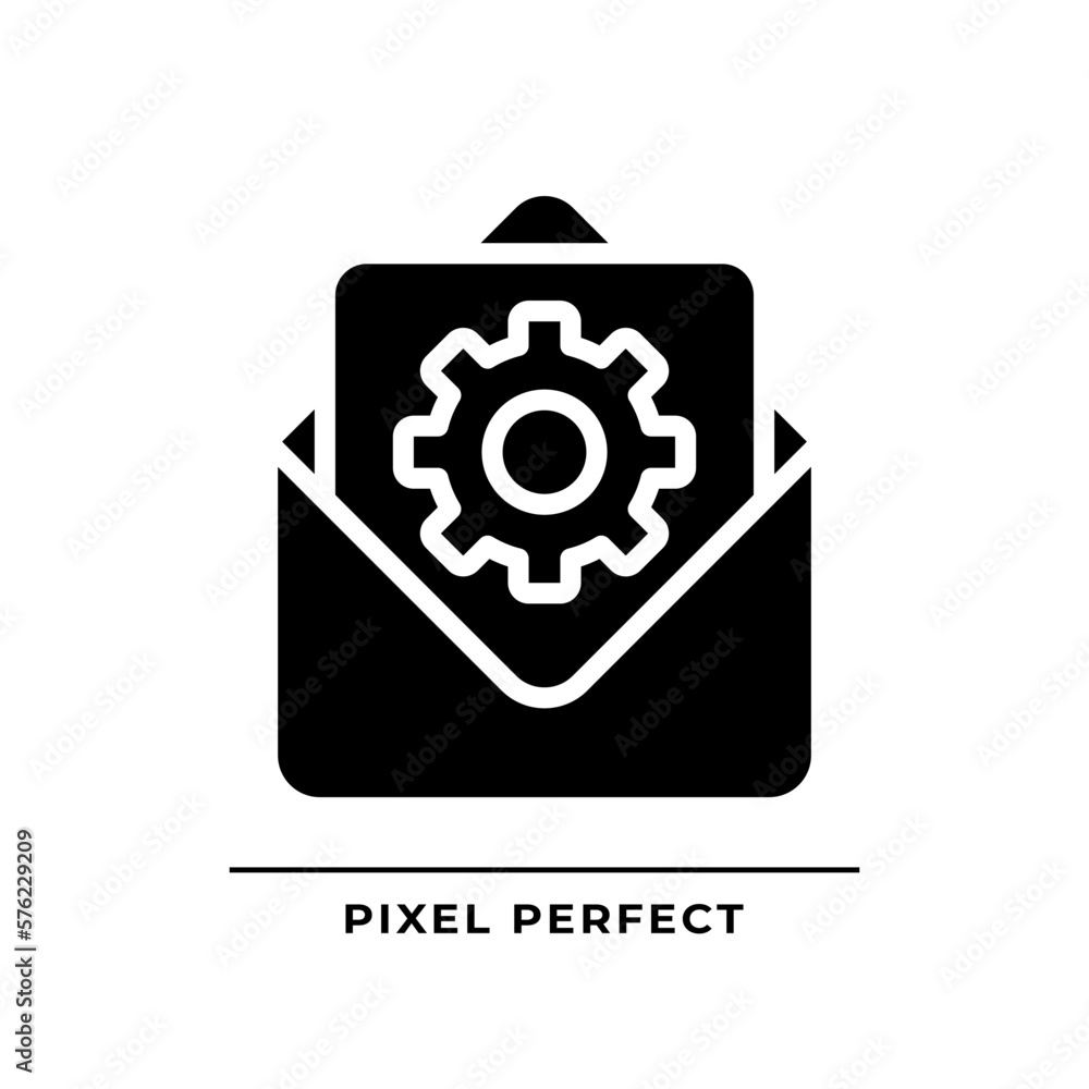 Email settings black glyph icon. Electronic mail configuration. Mailbox setup. Save changes. Digital communication. Silhouette symbol on white space. Solid pictogram. Vector isolated illustration Email settings black glyph icon. Electronic mail configuration. Mailbox setup. Save changes. Digital communication. Silhouette symbol on white space. Solid pictogram. Vector isolated illustration