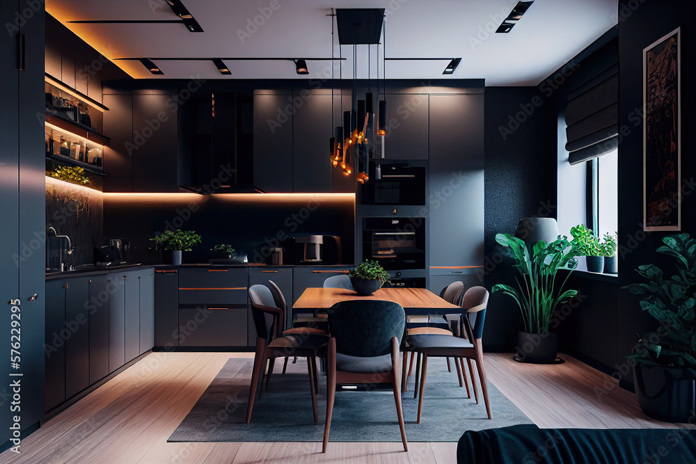An ultra modern, spacious apartment with a trendy luxury kitchen decor in dark hues, very cool led lighting, an island for cooking, and a dining room - obrazy, fototapety, plakaty 