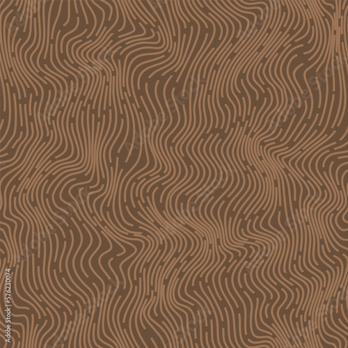 Stripes wave texture. Dense curve lines bark background. Wood grain texture. Torn thread seamless pattern. Brown wallpaper. Vector background