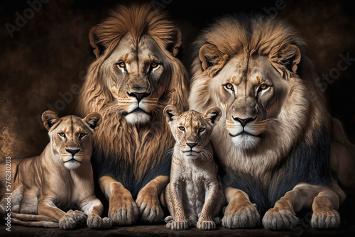 The Pride of Family: A Majestic Portrait of a Lion Family. Generative Ai
