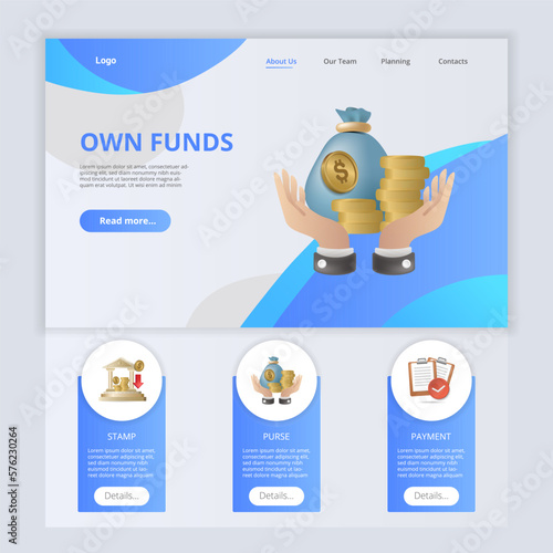 Own funds flat landing page website template. Stamp, purse, payment. Web banner with header, content and footer. Vector illustration.