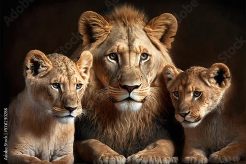 The Pride of Family  A Majestic Portrait of a Lion Family. Generative Ai