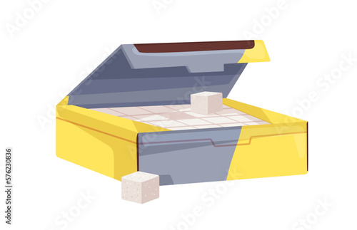 Refined beet sugar cube pieces, blocks in carton box, open package. Sweet foo...