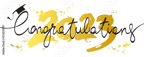 Congratulations on graduation 2023. Vector illustration, card, invitation with gold confetti and calligraphic title.	