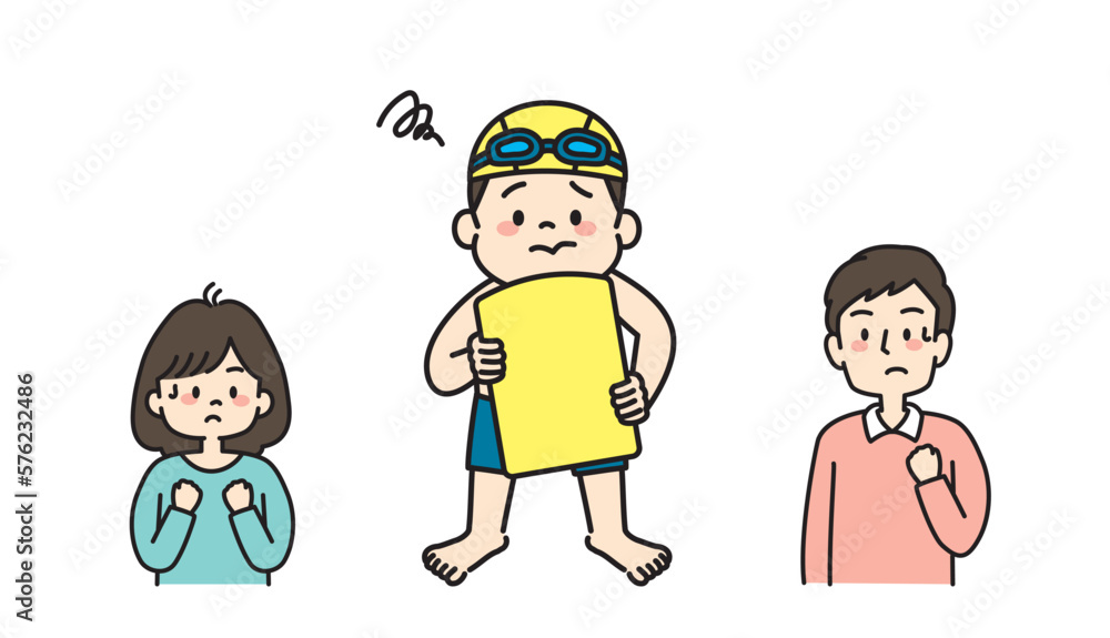 水泳に自信がない子どもと心配する親のイラスト　ビート板　水着