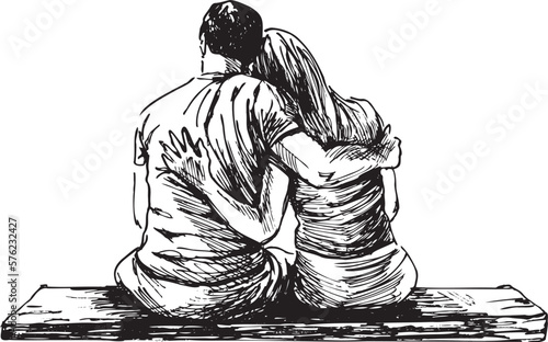 Hand drawn sketch of a sitting couple. Vector illustration.