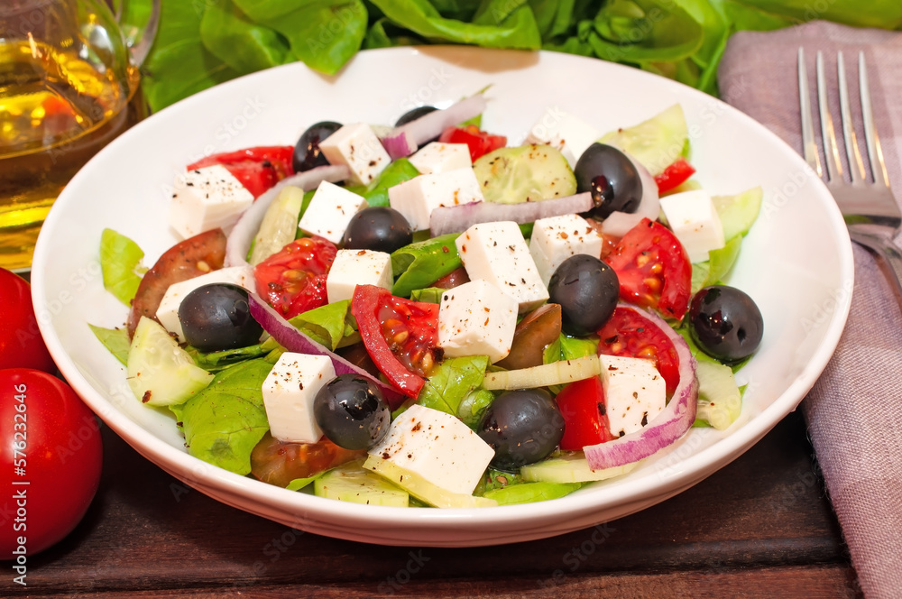 Greek salad with fresh vegetables closeup Greek salad with fresh vegetables closeup