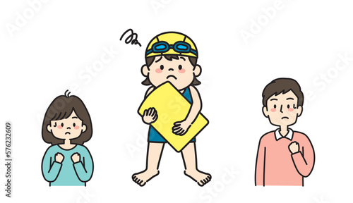 水泳に自信がない子どもと心配する親のイラスト　ビート板　水着
