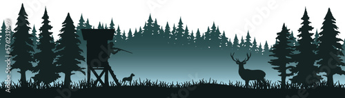 Wildlife forest misty fog landscape hunt hunting hobby background banner illustration vector for logo - Silhouette of hunter perch stand, deer, mountains and fir trees, isolated on white background