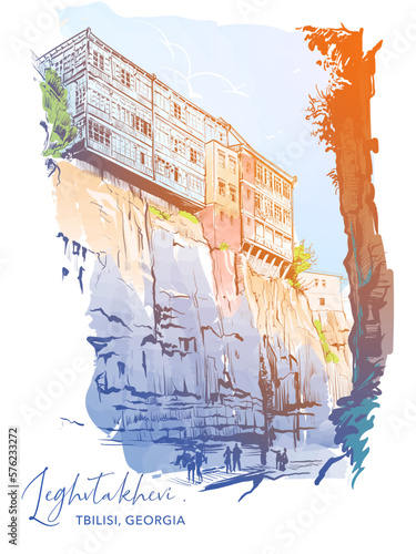 Leghvtakhevi gorge near Botanical Garden, Tbilisi, Georgia. Urban life sketch for a Postcard or Travel Blog. Line drawing painted and isolated on white background. EPS10 vector illustration