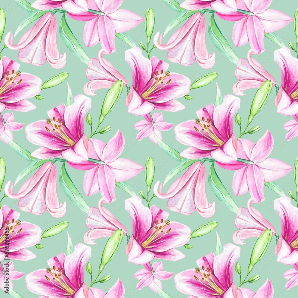 Floral pattern with buds of pink lilies