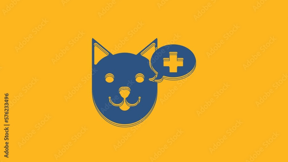 Blue Veterinary clinic symbol icon isolated on orange background. Cross with dog veterinary care. Pet First Aid sign. 4K Video motion graphic animation Blue Veterinary clinic symbol icon isolated on orange background. Cross with dog veterinary care. Pet First Aid sign. 4K Video motion graphic animation