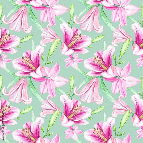 Floral pattern with buds of pink lilies