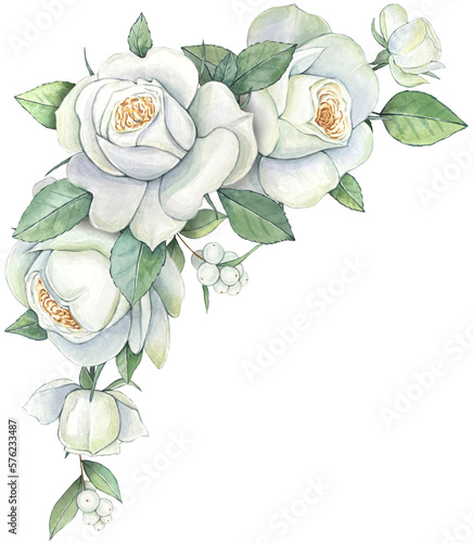 Watercolor bouquet of white roses, floral illustration