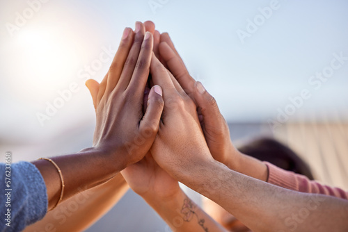 Konstfotografi Hands, high five and people in support, teamwork and solidarity of success, agreement goal and diversity