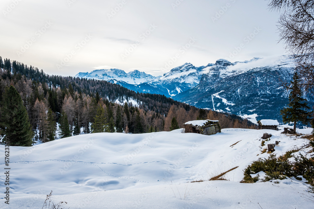 Alta Badia in winter. The village of La Val surrounded by the Dolomites.