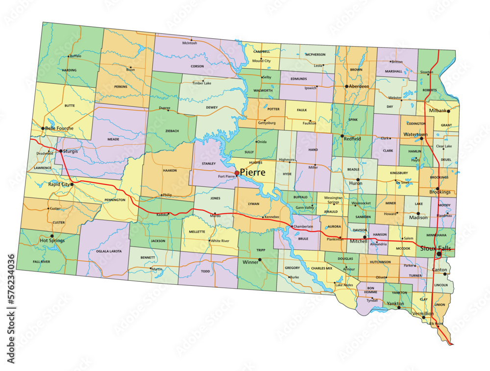 Naklejka premium South Dakota - Highly detailed editable political map with labeling.