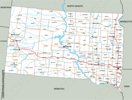 South Dakota road and highway map. Vector illustration.