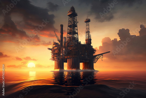 Oil platform on the sea at sunset, illustration generative ai