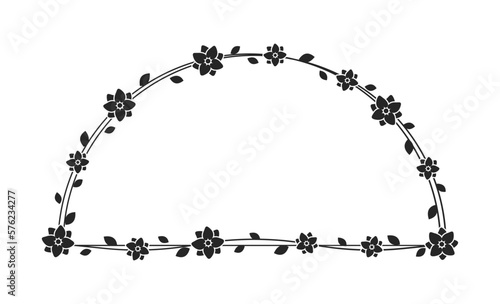 Floral arch frame template. Geometric border with vine and hand drawn flower pattern. Vector rounded border with space for text.