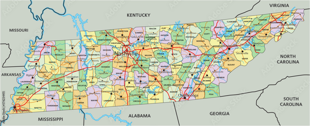Tennessee - Highly detailed editable political map with labeling.