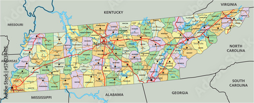 Tennessee - Highly detailed editable political map with labeling.
