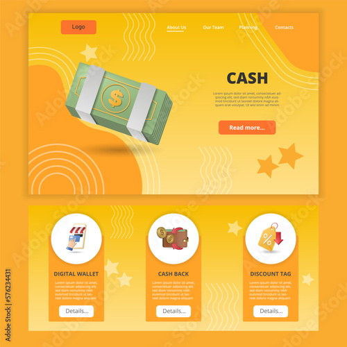 Cash flat landing page website template. Digital wallet, cash back, discount tag. Web banner with header, content and footer. Vector illustration.