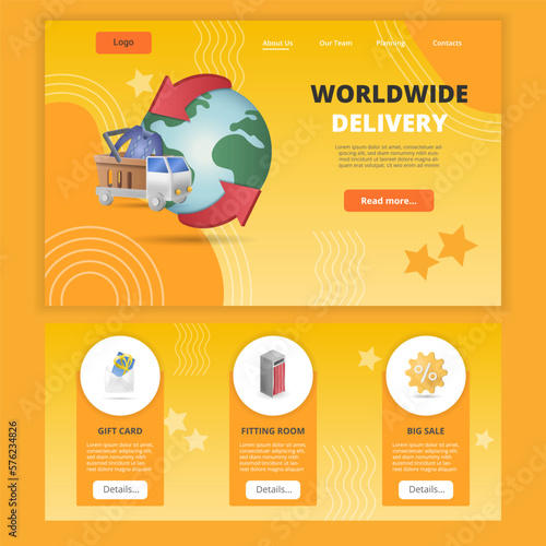 Worldwide delivery flat landing page website template. Gift card, fitting room, big sale. Web banner with header, content and footer. Vector illustration.