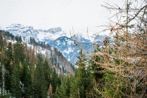 Alta Val Badia in winter. The village of La Val surrounded by the Dolomites. 