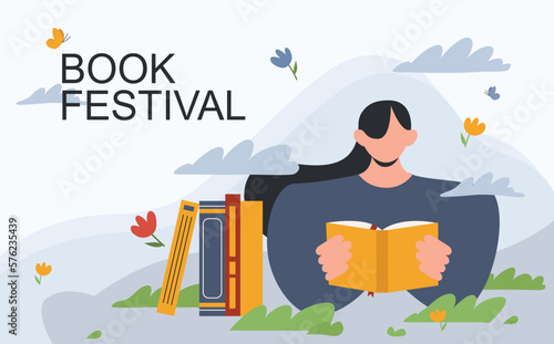 Young woman reading book. Back to school, library or book festival concept. Vector illustration, poster or banner